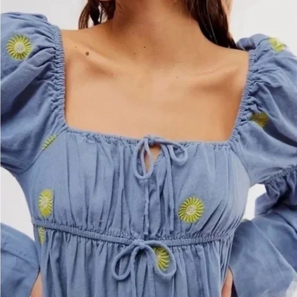 Free People Blue Midi Dress with Yellow Dot Embroidery - Picture 3 of 8